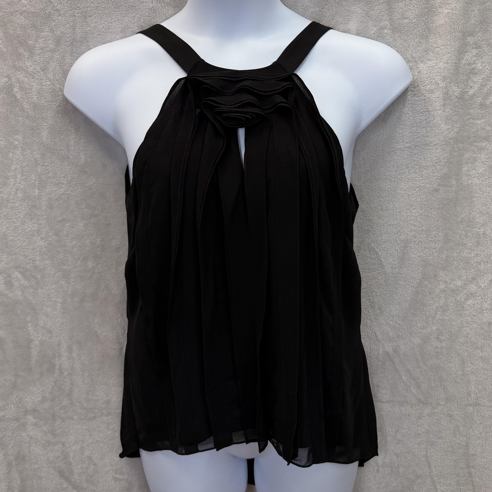 Bcbgmaxazria Blouse Womens L Black Pleated Halter Camisole Lined Chiffon